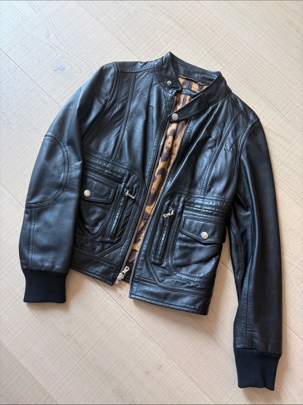 Dolce & Gabbana Black Leather Bomber Jacket with Leopard-Print Lining